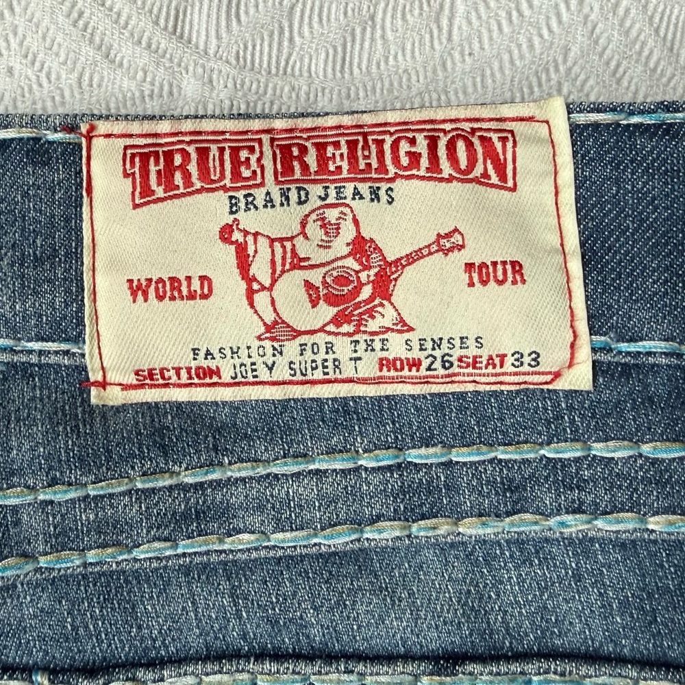True Religion Joey Super T Low Rise Jeans Rainbow Stitch Denim Jeweled Size 26 - Picture 9 of 13
